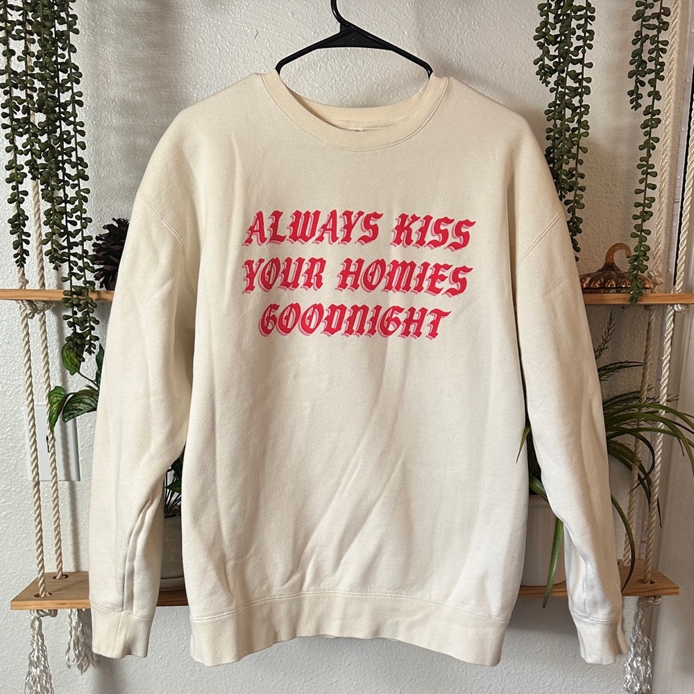 Cream Crew Neck Sweater with Red Text